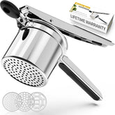 BAPOTH Potato Ricer overview highlighting heavy-duty build and three discs.