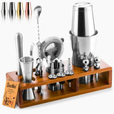 Barillio bartender kit with Acacia stand keeps tools organized for home mixing.