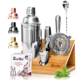Barillio bartending kit with stainless shaker and bamboo stand for home mixology