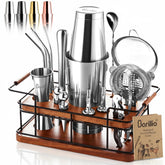Barillio Bartender Kit on premium mahogany stand, organized for quick access during home entertaining