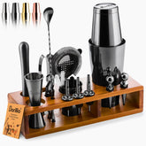 Barillio Black Bartender Kit acacia stand showcases tools for stylish home bartending.