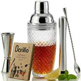 Barillio 14 oz glass shaker with cap strainer for drip-free pouring.
