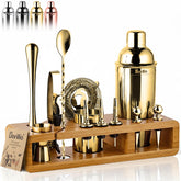 Barillio Gold Bartender Kit bamboo stand for organized home bar display.