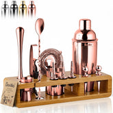 Barillio rose gold bartender kit with bamboo stand for a stylish home bar display.