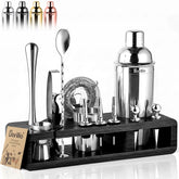 Barillio Silver Bartender Kit on black bamboo stand for organized home mixology.