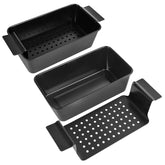 Barlket meatloaf pan with drain tray front view shows grease drainage for healthier baking
