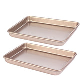 Barlket small cookie sheet pan with gold coating for effortless release.