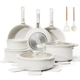 Bazova 22-piece ceramic cookware set on countertop, showcasing space-saving design