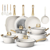 Bazova 25-piece nonstick ceramic set shown on stove for easy, oil-light cooking.