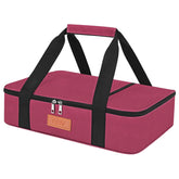 BBV insulated casserole carrier in burgundy that fits 9x13 dishes for hot meals on the go.