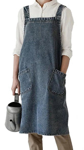 BCHWAY FAMILY denim apron front view showing large pockets for tools and notes.
