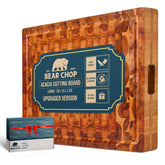 BEAR CHOP Acacia cutting board top view highlights durable end-grain surface for daily prep
