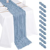 Beautane dusty blue cheesecloth table runner, 17x108 in, ideal for wedding reception decor.