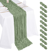 Beautane sage green cheesecloth table runner with 17x108 inch drape for wedding reception tables.