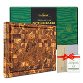 Beefurni teak end grain cutting board with juice groove for mess-free prep.
