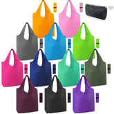 BeeGreen 12-pack colorful grocery bags folded for compact storage.