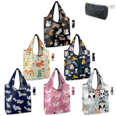 BeeGreen cat-patterns 6-pack bags, sturdy and reusable for grocery trips.