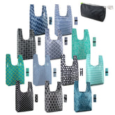 BeeGreen 12-pack foldable tote bags with prints for stylish, plastic-free shopping.