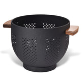 BeFare metal colander with wood handle in full view showing grip and balance.