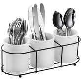 Bekith ceramic silverware caddy with three cup holders for neat tabletop organization.