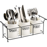 Bekith white ceramic silverware caddy with black rack for neat countertop organization.