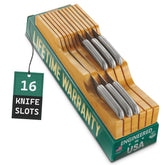Bellemain bamboo drawer knife block with 16 slots keeps blades organized.
