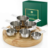 Bellemain measuring cups with nesting flat-bottom design save space and prevent tipping.