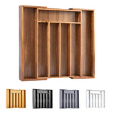 Bellsal Acacia silverware organizer in a drawer keeps cutlery organized and accessible.