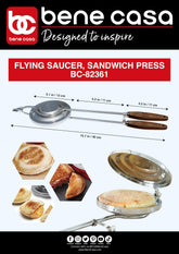 Bene Casa Flying Saucer Sandwich Press with wooden handles, closed for compact outdoor grilling.
