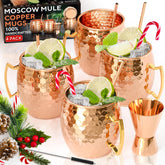 Benicci Moscow Mule copper mugs set of four with polished finish for stylish entertaining.