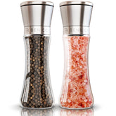 Benicci salt and pepper grinder set in stainless steel and glass for stylish tables.