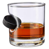 BenShot hockey puck embedded 11oz rocks glass highlights the embedded puck.