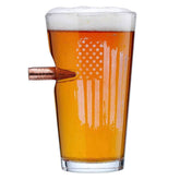 BenShot US Flag Pint Glass with bullet embedded for bold display.