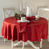 Benson Mills Ravenna round red tablecloth showing jacquard weave and durable feel