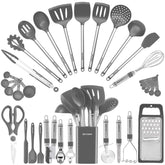 BESTZMWK kitchen utensil set 33-piece with nonstick-safe silicone heads for gentle pans