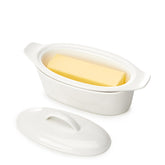 Better Butter butter dish with lid on countertop keeps spreadable butter ready.