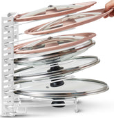 Better Things Home pot lid organizer front view shows compact storage and easy lid access.