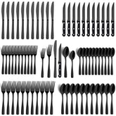 BEWOS 72-piece black silverware set on a table, elevating everyday dining with a modern mirror finish.