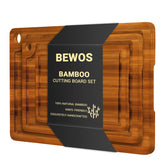 BEWOS bamboo cutting board set large with handles and juice groove for easy serving