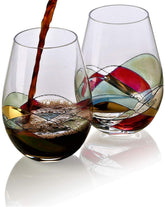 Bezrat stemless wine glasses featuring red hand-painted details for elegant entertaining.