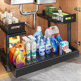 Biboraya expandable under-sink organizer with ball-bearing slides keeps supplies neatly accessible.