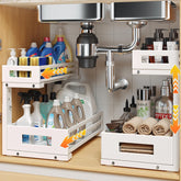 Biboraya L-shaped under-sink organizer with two tiers fits around pipes and maximizes storage.