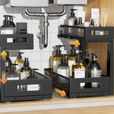 Biboraya under sink organizer bottom basket demonstrating extra storage space for bottles and tools