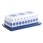 Bico Blue Talavera butter dish with lid on kitchen counter keeps butter soft and ready