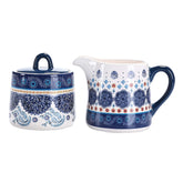 Bico Blue Talavera sugar and creamer set on a countertop adds cheerful color to daily coffee