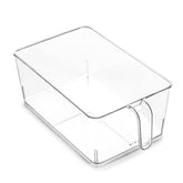 BINO clear storage organizer with built-in handles shows pantry items clearly.
