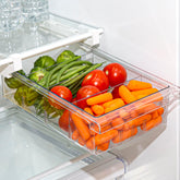 BINO pull-out fridge organizer in clear bins for easy food visibility.