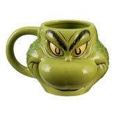 Bioworld Grinch mug with a 3D face sculpture for playful, cozy coffee moments.