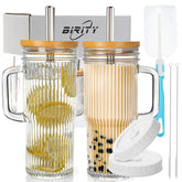 Birity 24oz ribbed glass cup with handle and lid for easy, spill-free on-the-go sipping.