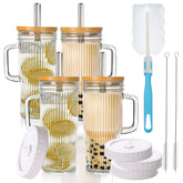 Birity 24oz ribbed glass tumbler with handle for easy grip and spill protection.